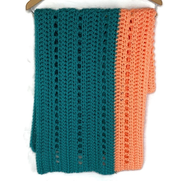 Handmade Crochet Baby Blanket Teal and Tangerine - Picture 1 of 4